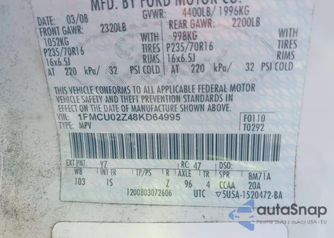 2008 Ford Escape Xls/Xls Manual z USA, uszkodzony, nr VIN 1FMCU02Z48KD64995